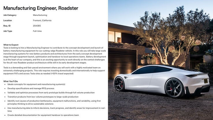 特斯拉 Roadster 2 电池制造的招聘启事。(图片来源:Sawyer Merritt/X)