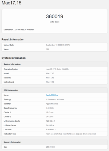 Apple M5 在 Geekbench 7 中的 GPU 得分