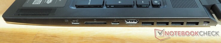 右侧。USB-C 3.2 Gen 2（包括DisplayPort），读卡器，雷电4，HDMI 2.1，Kensington锁。