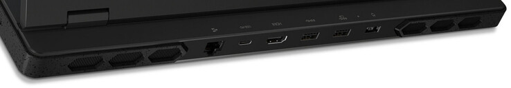 背面千兆以太网、USB 3.2 Gen 2 (USB-C；电力传输、DisplayPort)、HDMI、2 个 USB 3.2 Gen 1 (USB-A)、电源端口