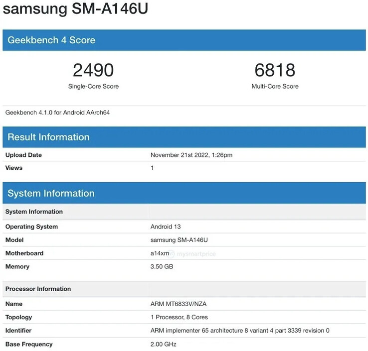 据称，Galaxy A14 5G的第二个，可能是美国的变体出现。(来源：Geekbench)