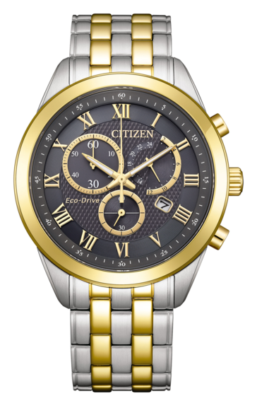 Citizen AT2604-56H Eco-Drive 计时码表,配备炭灰色纹理表盘、金色表圈和指针,以及双色不锈钢表链。