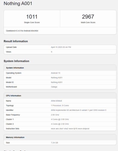 假想的 CMF Phone 2 Pro Geekbench 列表（图片来源：Geekbench）