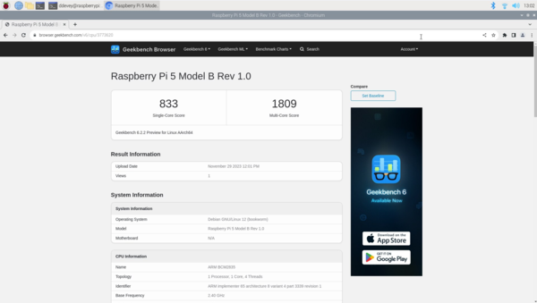Raspberry Pi 5 的 Geekbench 6 单项得分高达 833，毫不逊色（来源：Notebookcheck）