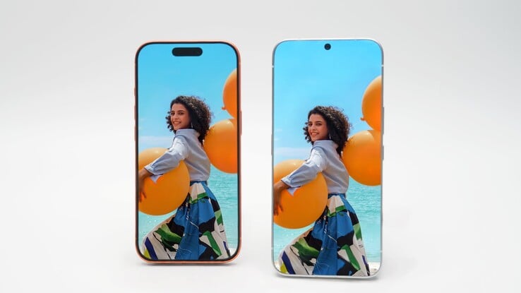 Tecno Randlos-Phone 与一款传统智能手机(显然是 iPhone 17 Pro)的对比。