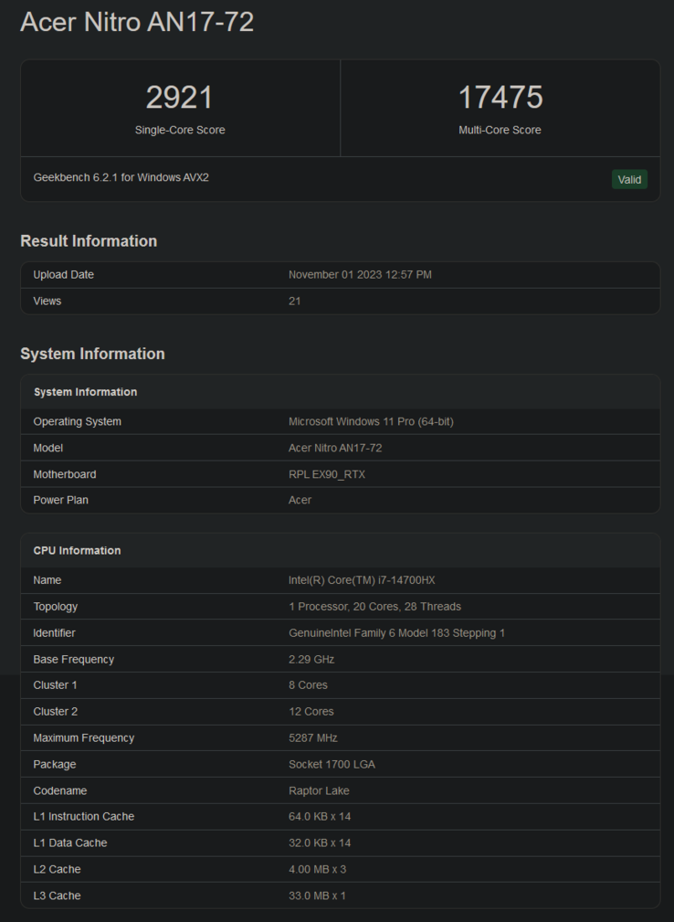 英特尔酷睿 i7-14700HX Geekbench 列表（图片来自 Geekbench）