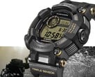 卡西欧 G-Shock Frogman GWF-D1000BC-1JF 采用倾斜角度展示，突显其厚重的不对称表壳和复合材质表带。