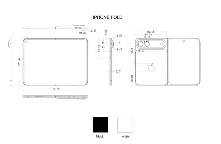 一家手机壳制造商提供的所谓 iPhone Ultra/Fold 原理图(使用 AI 放大)。