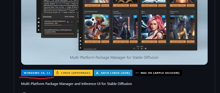 Stability Matrix 的 GitHub 页面截图，其中突出显示了下载 Windows 10/11 的按钮。(图片来源：Windows 屏幕截图）