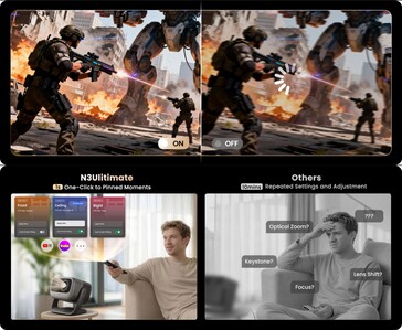 Jmgo N3 Ultimate 人工智能空间记忆和一键式设置与传统投影仪手动调整和缓冲滞后的对比展示