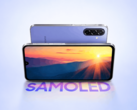 紫色 Samsung Galaxy F70 5G 的正面和背面展示