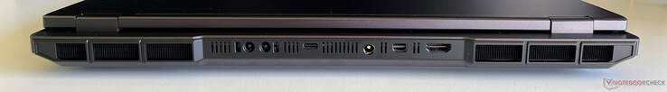 背面：连接 Oasis 水冷系统、USB-C 4.0 和 Thunderbolt 4（40 GBit/s、DisplayPort ALT Mode 2.1、140 瓦 Power Delivery）、电源、Mini DisplayPort 2.1、HDMI 2.1