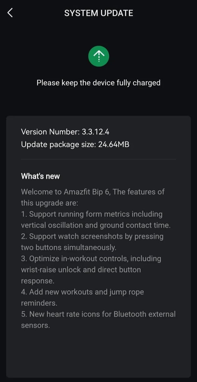 Amazfit Bip 6 智能手表 3.3.12.4 版软件的发布说明。(图片来源:Reddit)