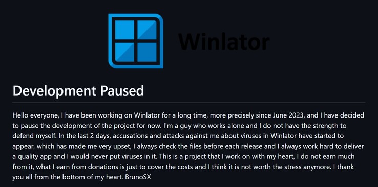 BrunoSX 关于暂停 Winlator 开发的消息（图片来源：GitHub）