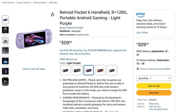 亚马逊上销售的 Retroid Pocket 6 的左摇杆位于方向键上方。