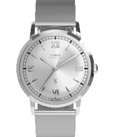 Timex x Todd Snyder Marlin Mesh 正装腕表,配有银色太阳纹表盘和米兰表链。