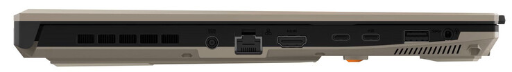 左侧：电源连接、千兆以太网、HDMI、USB 4（USB-C；DisplayPort）、USB 3.2 Gen 2（USB-C；DisplayPort，Power Delivery）、USB 3.2 Gen 1（USB-A）、音频组合