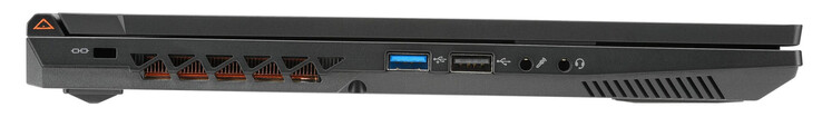 左：Kensington 安全插槽、USB 3.2 Gen 1 (USB-A)、USB 2.0 (USB-A)、麦克风输入、组合音频插孔