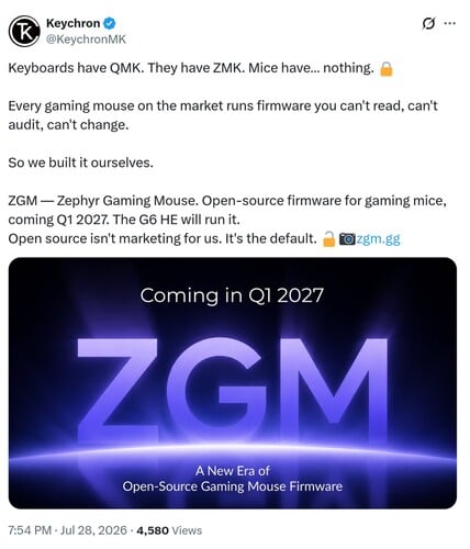 Keychron ZGM 固件公告发布于 X