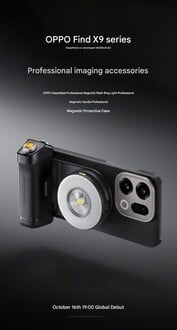 配有手机壳、补光灯和手柄配件的 Find X9 手机（图片来源：Oppo - 机器翻译）