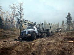 游戏 MudRunner 中显示两辆车的图片。(图片来源:Steam)