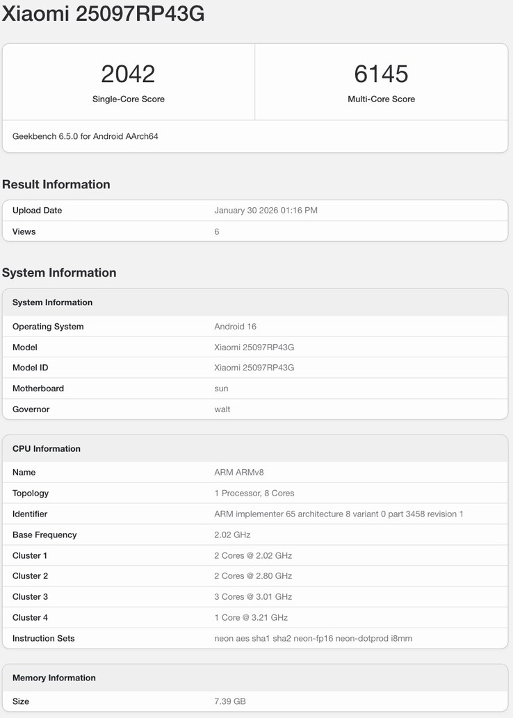 小米 Pad 8 全球版本的 Geekbench 列表。