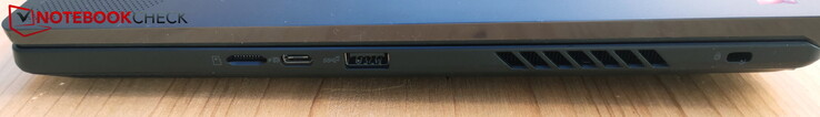 右边：microSD读卡器，USB-C 3.2 Gen2带DP和PD，USB-A 3.2 Gen2，Kensington锁