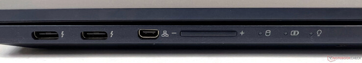 左边的连接器：2个Thunderbolt 4（40GBit/s，DisplayPort ALT模式1.4，Power Delivery 3.0），1个Micro HDMI（用于LAN）。