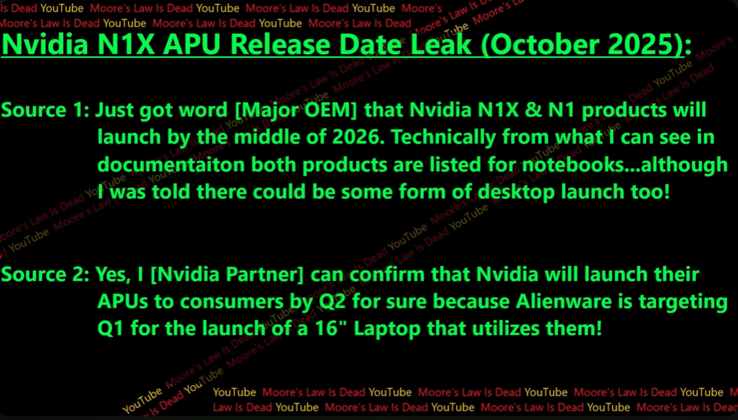 Nvidia N1X 发布日期传闻。(图片来源:YouTube 上的摩尔定律已死)