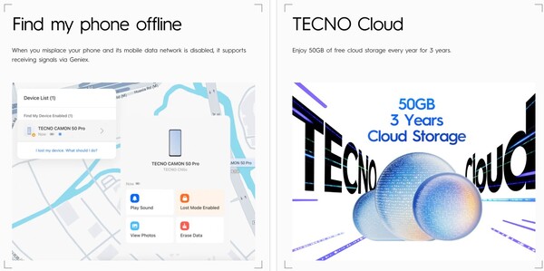 Camon 50 系列具有离线查找我的手机功能和为期三年的免费云存储。