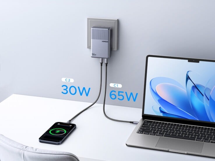 纤薄的Ugreen Nexode Air 100W充电器可同时为两台设备充电。