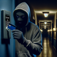 犯罪分子可以使用一张钥匙卡打开一个物业的所有 Saflok RFID 安全门，从而创建一张主钥匙卡。(资料来源：人工智能图像 Dall-E 3）