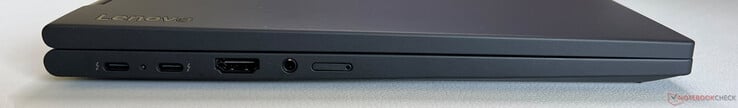 左侧：2x USB-C 4.0 w/ Thunderbolt 4 (40 Gbps、DisplayPort 2.1、Power Delivery 3.0)、HDMI 2.1、3.5 mm 音频、Nano-SIM 卡插槽