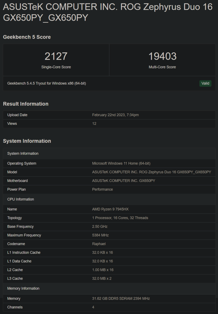 Geekbench上的AMD Ryzen 9 7945HX（图片来自Geekbench）