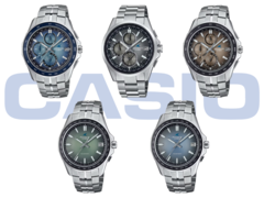 上排（从左到右）是卡西欧 OCW-S7000RA-2AJF、OCW-T2600RA-8AJF 和 OCW-S7000RA-5AJF。下排（从左到右）是卡西欧 OCW-S400RA-3AJF 和 OCW-S400RA-2AJF。(图片来源：卡西欧）