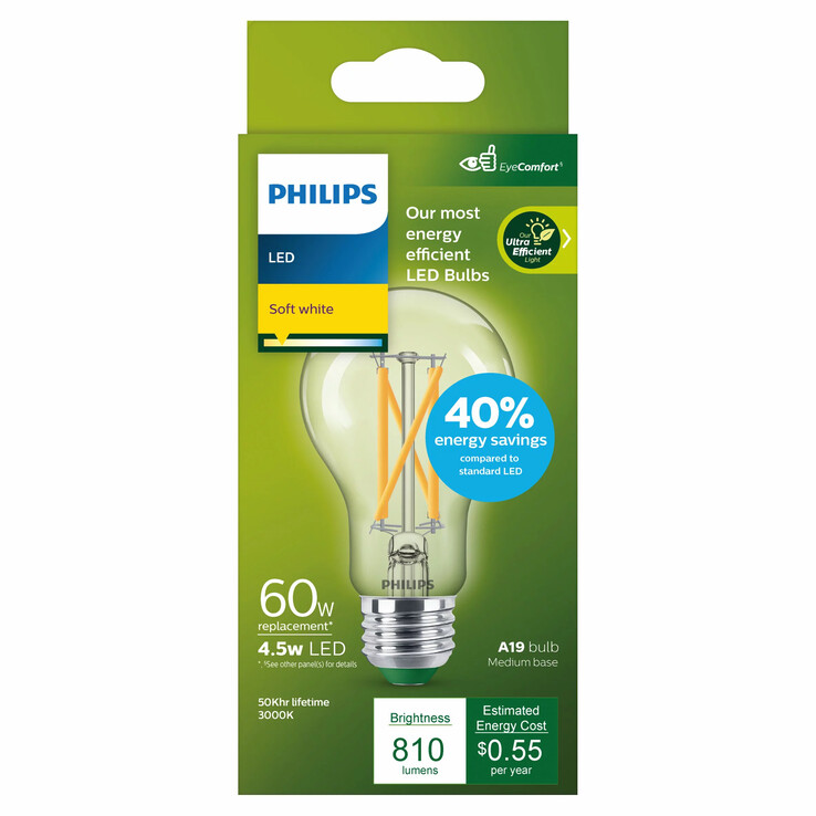 飞利浦超高效LED 60W A19灯泡，软白色。 (图片来源：飞利浦)