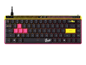 全新 ROG Falchion Ace HFX ZywOo 版采用粉色和黄色装饰。(图片来源:华硕)