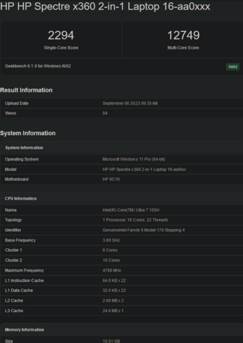 超 7 155H（图片来源：Geekbench）