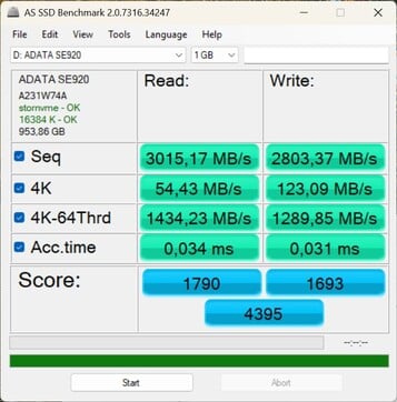 通过 USB4 对 ADATA SE920 进行性能测试