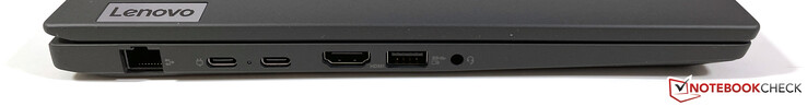 左边：千兆以太网，2个USB-C 3.2 Gen.2（10 GBit/s，DisplayPort ALT模式1.4，Power Delivery），HDMI 2.0，USB-A 3.2 Gen.1（5 GBit/s，供电），3.5 mm立体声