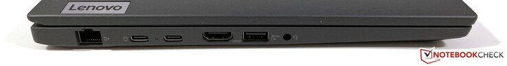 左边：千兆以太网，2个USB-C 3.2 Gen.2（10 GBit/s，DisplayPort ALT模式1.4，Power Delivery），HDMI 2.0，USB-A 3.2 Gen.1（5 GBit/s，供电），3.5 mm立体声