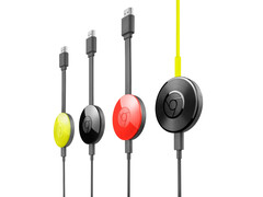 谷歌第二代 Chromecast 的宣传图片，以不同颜色展示。(图片来源：谷歌）
