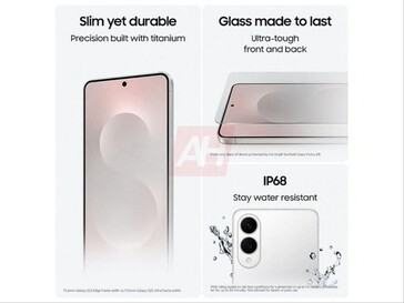 Galaxy S25 Edge 泄露产品图，显示 IP68 防水、钛金属和玻璃设计。(图片来源： Headlines）Android