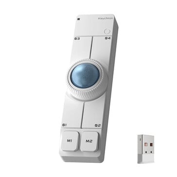 白色款 Keychron Nape Pro 无线轨迹球鼠标,附带一个 USB Type-A 接收器