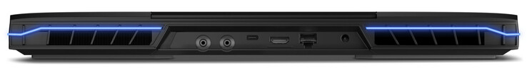 背面：2个水冷接口，Thunderbolt 4（USB-C；DisplayPort），HDMI 2.1，千兆以太网，电源接口。