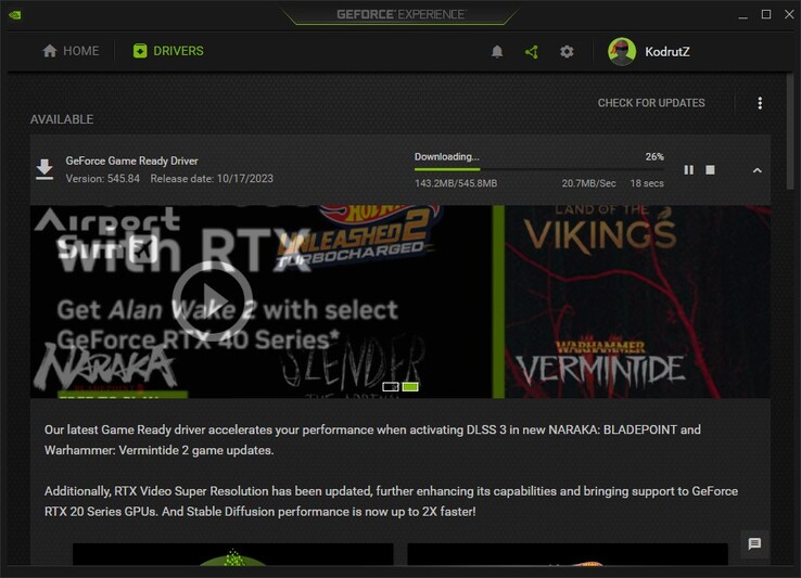 在GeForce 体验下载 NvidiaGeForce Game Ready 驱动程序 545.84 (来源：Own)