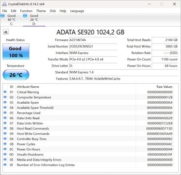 ADATA SE920 支持 PCIe 4.0 x2
