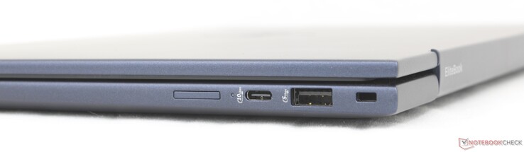 右侧Nano-SIM 卡插槽（可选）、USB-C 10 Gbps w/ Power Delivery + DisplayPort 1.4、USB-A 5 Gbps、贵金属锁