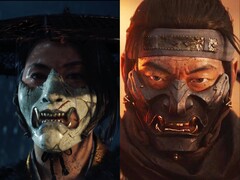 阳帝之鬼 &quot;中的阿津（左）和 &quot;对马之鬼 &quot;中的酒井阵（右）戴着各具特色的鬼怪风格面具，象征着他们变成了令人畏惧的传奇人物。(图片来源：Sucker Punch 制作公司）