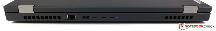 背面。RJ45（2.5 Gb/s），电源（超薄尖端），2个Thunderbolt 4（40 Gb/s，DisplayPort ALT模式1.4，Power Delivery 3.0），USB-C 3.2 Gen 2（10 Gb/s，DisplayPort ALT模式供电1.4，Power Delivery）。